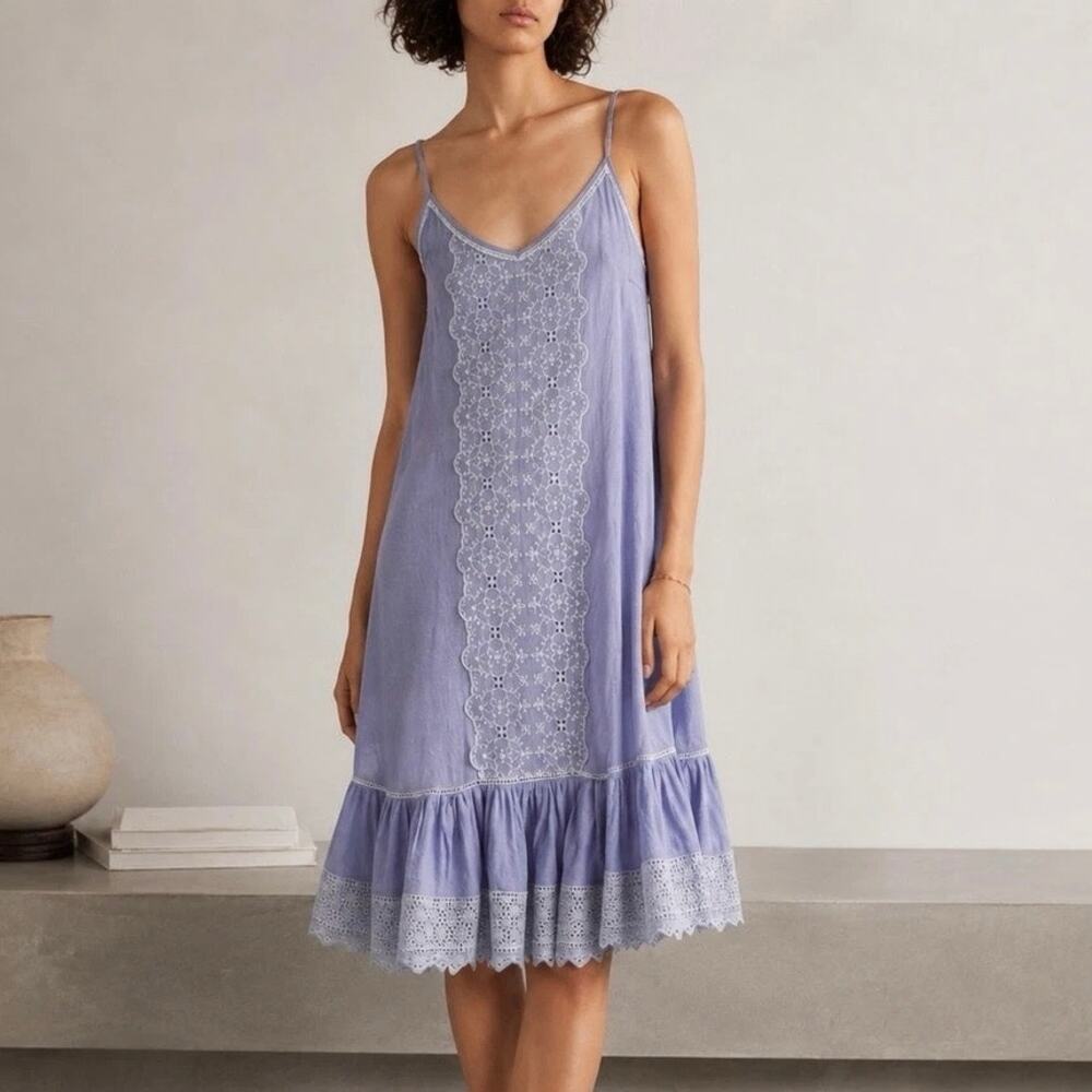 Joie Gingham Eyelet Lace Strappy Cotton Mini Dress Size M Periwinkle Feminine